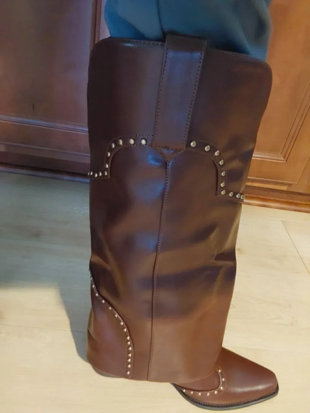 Women's Chocolate Polyurethane (PU) Studded Fold Over Knee High Chunky Heel Boot